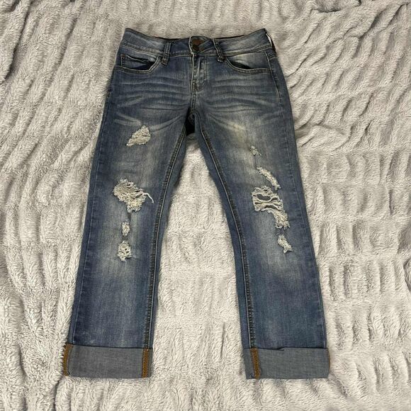 SO Jeans Women 7 Skinny Distressed Dark Wash Cuffed Denim Mid Rise Casual Boho - Picture 1 of 11